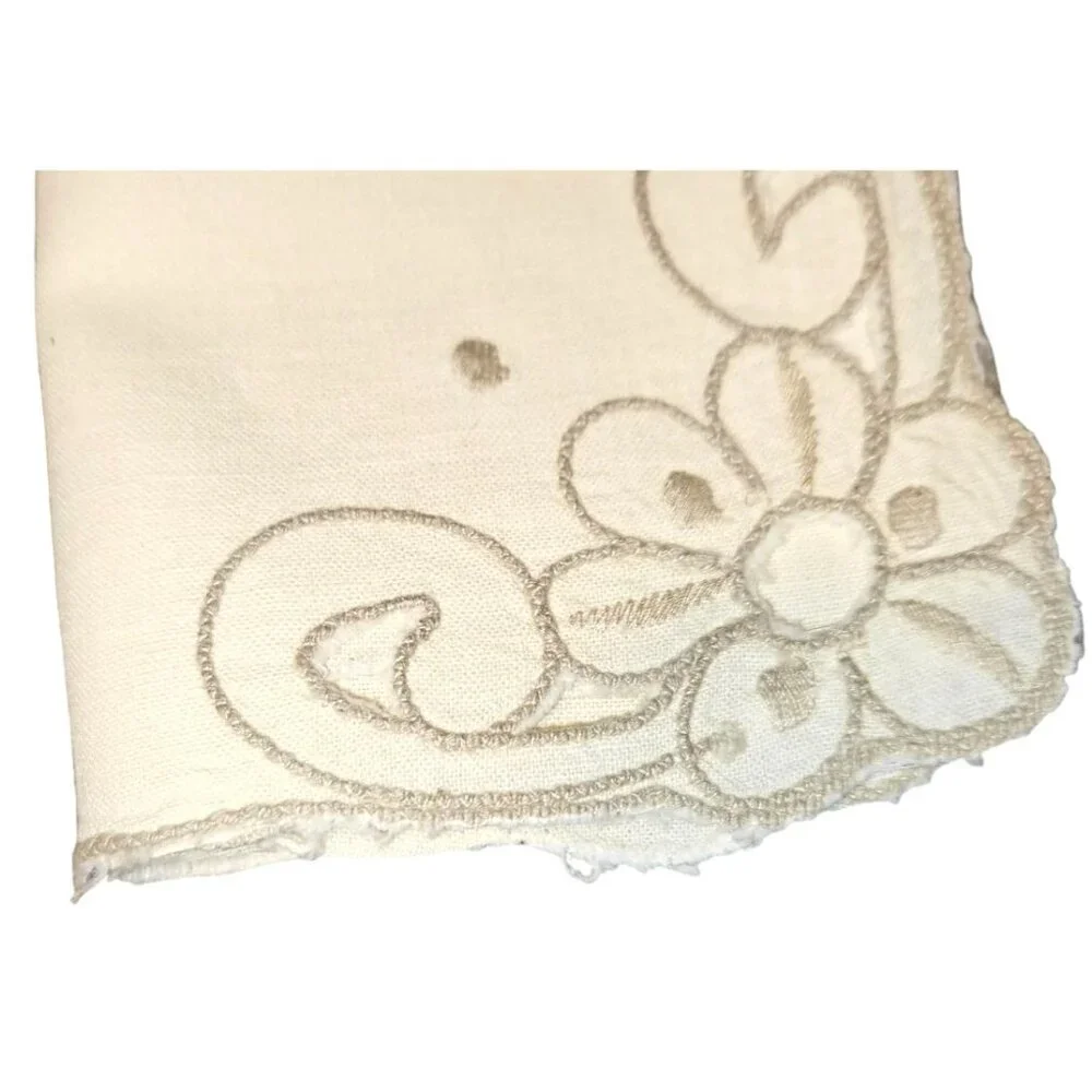 7‎ Vintage Napkins Embroidered Floral Beige Cloth Scalloped Edges 12x12